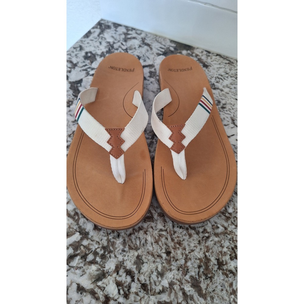 Pendleton Women White Canvas Glacier Park Stripe Flip Flop Sandals PW2312-100 10